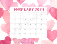 cute printable February 2024 monthly calendar pdf