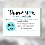 Repeat customer thank you card turquoise, small business printable card bundle, Canva templates, thanks for helping my business grow card
