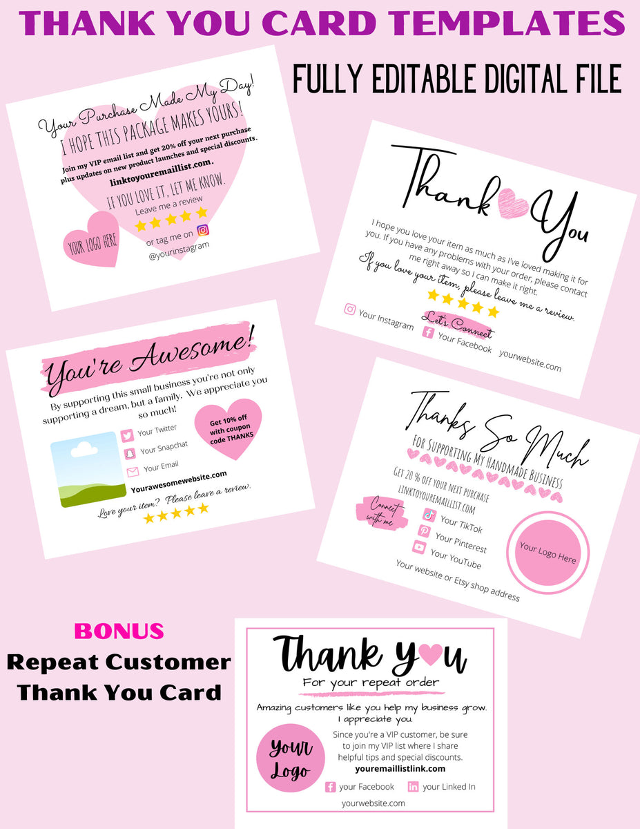 5 Printable DIY Thank You Cards For Small Business - Canva Editable Te ...