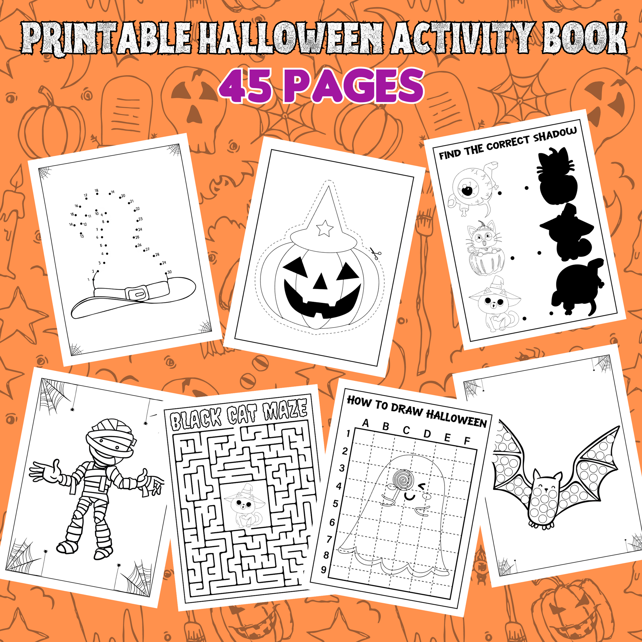 Printable Halloween Activity Book For Kids (45 Pages