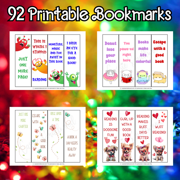 cute printable bookmarks, monster bookmarks, cat bookmarks, butterfly bookmarks, dog bookmarks to print