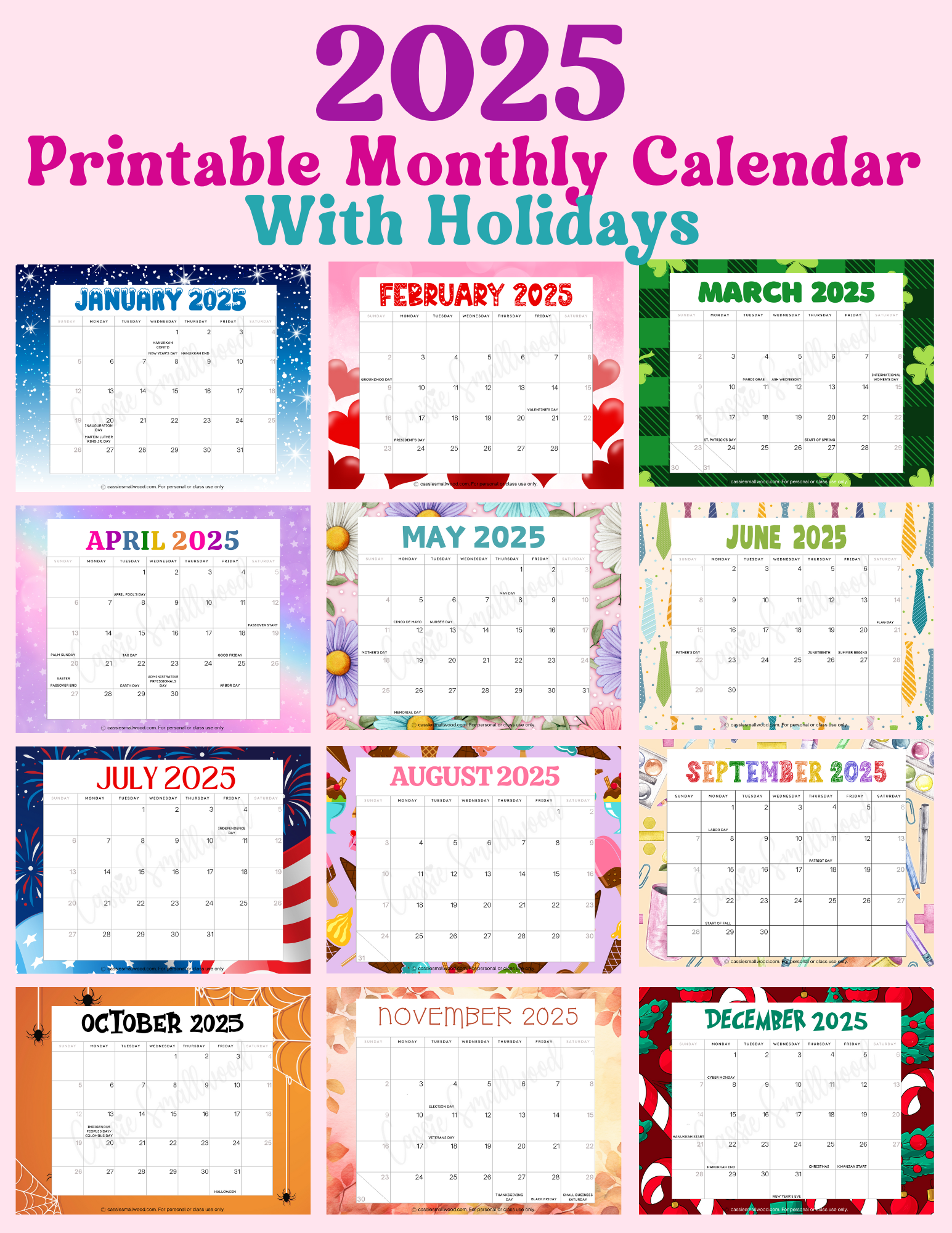 printable 2025 monthly calendar with holidays – cassie smallwood