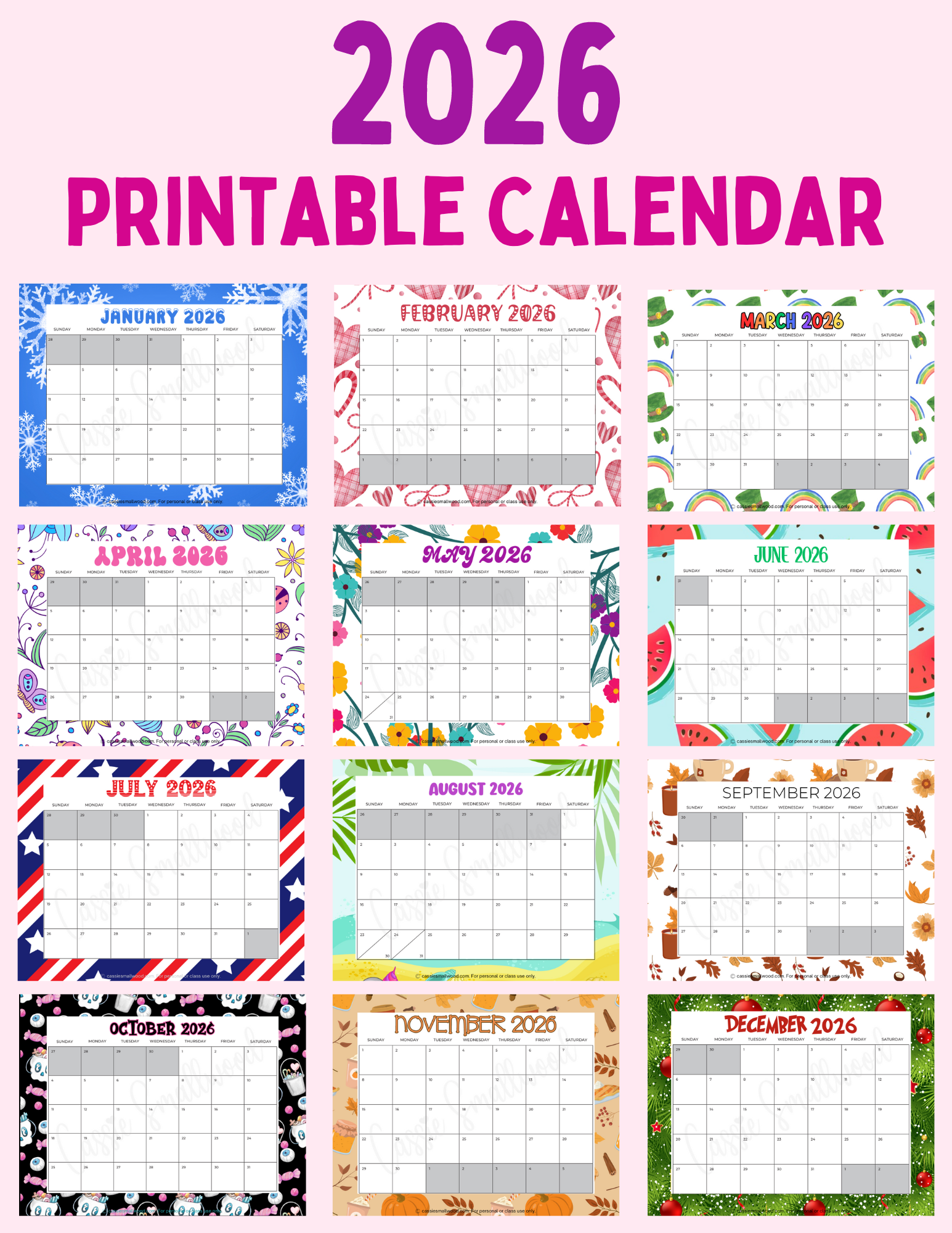 Cute Printable 2026 Monthly Calendar With Holidays & Without ...