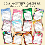 Vertical portrait 2028 Monthly calendar printable pdf cute and colorful 2028 wall calendar