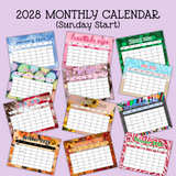 Printable 2028 Monthly Calendar With Holidays Sunday Start Landscape horizontal orientation colorful fun
