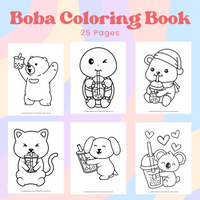 printable boba coloring book, animals drinking boba tea coloring pages