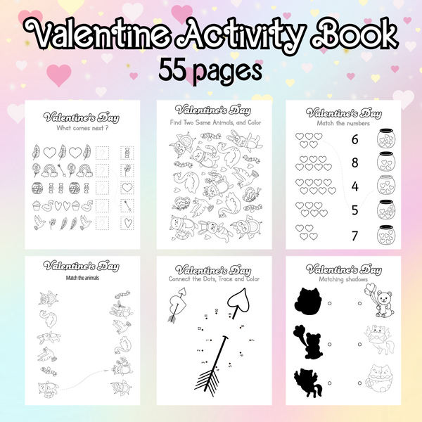 Printable Valentines Day Activity Book, Printable Valentine activity sheets for kids, Valenting matching worksheets, Valentine dot to dot, Valentine counting worksheets