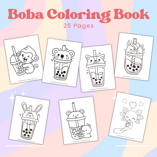boba coloring book printable, animals drinking boba coloring pages, boba tea animals coloring sheets