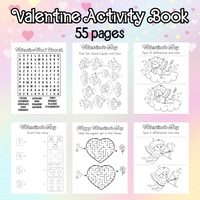 Printable Valentine's Day activity book, Valentine word search, Valentine matching worksheets, Valentine mazes, Valentine math worksheets