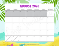 cute August 2026 calendar with holidays printable pdf horizontal landscape