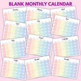 cute colorful blank monthly calendar template printable pdf, aesthetic blank calendar, pretty blank calendar printable, empty calendar pages simple