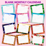 CUTE blank monthly calendar printable, blank 12 month calendar template printable pdf, yearly calendar blank downloadable