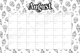 blank August coloring calendar printable pdf, blank monthly calendar template, black and white blank calendar downloadable