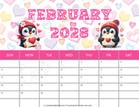printable February 2028 calendar pdf, cute 2028 wall calendar printable landscape