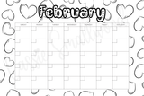 blank February coloring calendar printable pdf, blank monthly calendar template, black and white blank calendar downloadable