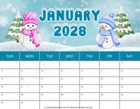 cute printable January 2028 calendar pdf, 2028 monthly wall calendar printable landscape colorful