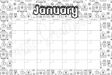 blank January coloring calendar printable pdf, blank monthly calendar template, black and white blank calendar downloadable