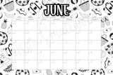 blank June coloring calendar printable pdf, blank monthly calendar template, black and white blank calendar downloadable