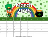 printable March 2028 calendar pdf, cute printable 2028 monthly wall calendar horizontal
