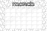 blank March coloring calendar printable pdf, blank monthly calendar template, black and white blank calendar downloadable