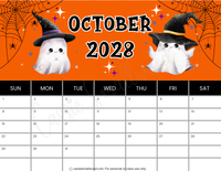October 2028 calendar printable pdf, cute 2028 monthly wall calendar horizontal blank no holidays