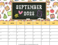 September 2028 calendar printable pdf, cute 2028 monthly calendar school printable