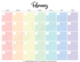 cute colorful blank monthly calendar template printable pdf, aesthetic blank calendar, pretty blank calendar printable, empty calendar pages simple, blank February calendar