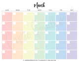 cute colorful blank monthly calendar template printable pdf, aesthetic blank calendar, pretty blank calendar printable, empty calendar pages simple, blank March calendar