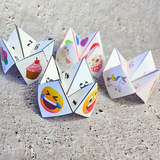 cute cootie catchers printable pdf, paper fortune tellers for kids template printable pdf, emoji cootie catcher, truth or dare paper fortune teller, birthday cootie catcher, unicorn paper fortune teller, Valentine's Day cootie catcher origami craft for kids