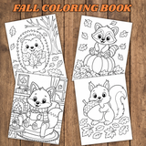 cute fall coloring book for kids printable pdf, hedgehog fall coloring page, raccoon fall coloring page, pumpkin coloring page, fox fall coloring page, squirrel fall coloring page, acorn coloring page