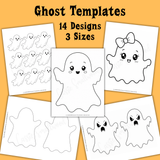 Small, Medium, and large Halloween ghost templates, cute ghost outlines, ghost patterns for Halloween crafts, ghost stencils