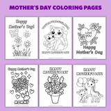 Cute Mother's Day coloring sheets for kids printable pdf, Happy Mother's Day pictures to color and print, heart and flower Mother's Day coloring page, cat Mother's Day coloring page, Flower Mother's Day coloring page pdf