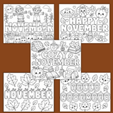 cute November coloring book printable pdf, easy November coloring pages for kids, preschool fall coloring pages, kindergarten autumn coloring sheets, cozy November coloring page, pumpkin patch coloring page, Thanksgiving coloring page, fall leaves coloring page