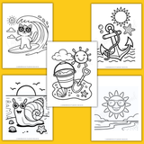 cute summer coloring book for kids printable, cat coloring page, surfing coloring page, anchor coloring page, beach coloring page, snail coloring page, sun coloring page