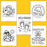 cute summer coloring sheets for kids printable pdf, hello summer coloring page, fish coloring page, dolphin coloring page, duck coloring page, dog coloring page, surfing coloring page