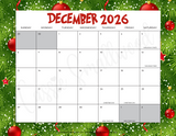 cute December 2026 calendar with holidays printable pdf, school 2026 monthly calendar horizontal landscape to print