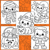 Easy bold Halloween coloring pages for kids printable pdf, simple toddler Halloween coloring sheets, preschool Halloween coloring pictures, kindergarten Halloween coloring pages easy, cute mummy coloring page, bat coloring page for kids, Frankenstein coloring page, Halloween cat coloring page, Halloween candy coloring page