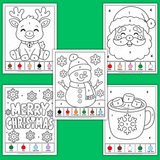 Easy Christmas color by numbers for kids printable pdf, simple Christmas color by number book preschool kindergarten first grade, reindeer color by number, Santa color by number, snowman color by number, Merry Christmas color by number, hot cocoa color by number, easy Christmas coloring pages for kids