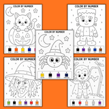 easy Halloween color by numbers for kids printable pdf, spider color by number for Halloween, simple Frankenstein color by number, Halloween cat color by number, witch color by number, vampire color by number, Halloween activity pages for kindergarten, 1st grade, preschool