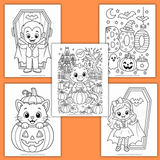 easy Halloween coloring pages for kids printable pdf, cute Halloween coloring book for kids printable pdf, vampire coloring page, boo coloring page, Halloween kitty coloring page, Halloween cat coloring page, dragon coloring page, fun Halloween coloring sheets for kids