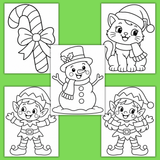 Easy preschool Christmas coloring pages pdf printable, simple toddler Christmas coloring pages, easy candy cane coloring page, easy Christmas cat coloring page, easy snowman coloring page, easy elf coloring page, easy Christmas coloring pages for kids