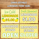 editable lemonade stand signs canva templates, ways for kids to make money in the summer, teaching kids about money, lemonade stand printables, summer activities for kids at home, kids lemonade stand ideas