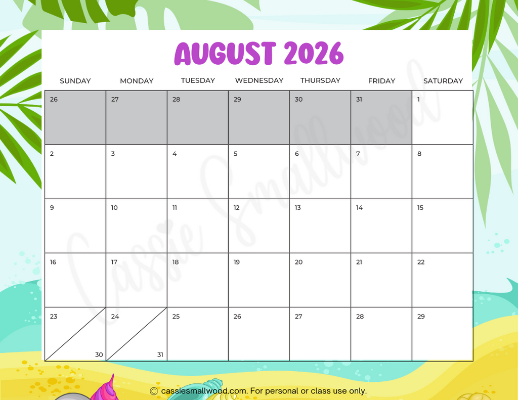 Printable 2026 Monthly Calendar Cassie Smallwood