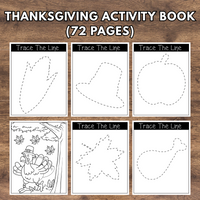 Thanksgiving activity book with tracing lines and coloring pages on a wooden background