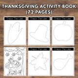 Thanksgiving activity book with tracing lines and coloring pages on a wooden background