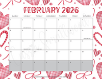 printable February 2026 calendar with holidays pdf, horizontal 2026 wall calendar cute