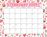 cute February 2029 calendar printable pdf, colorful 2029 monthly calendar for kids, classroom 2029 calendar to print