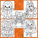 cute Halloween coloring book for kids easy printable pdf, fun halloween coloring book for preschool, Bluey Halloween coloring page, vampire coloring page, Hocus Pocus coloring page, Trick or Treat coloring page