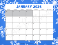 cute January 2026 calendar with holidays printable pdf, landscape 2026 monthly calendar horizontal