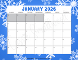 cute January 2026 calendar with holidays printable pdf, landscape 2026 monthly calendar horizontal